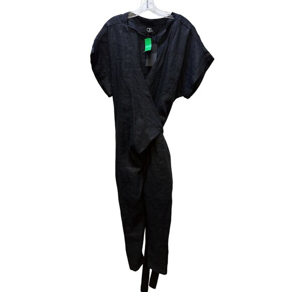 AE Handmade Black Linen Wrap Jumpsuit w/Tie Waist